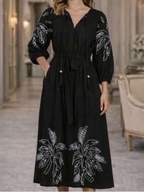LEA Embroidered Dress Black White Size L Art to Wear Lagen look Lagenlook Artsy
